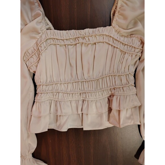 Women's Greylin Satin Square Neck Smocked Long Sleeve Blouse Ivory Small - Picture 4 of 8